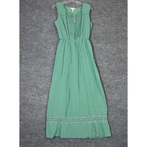 Matilda Jane Womens Maxi Dress Sz Medium Green Crotchet Trim Bohemian Sleeveless